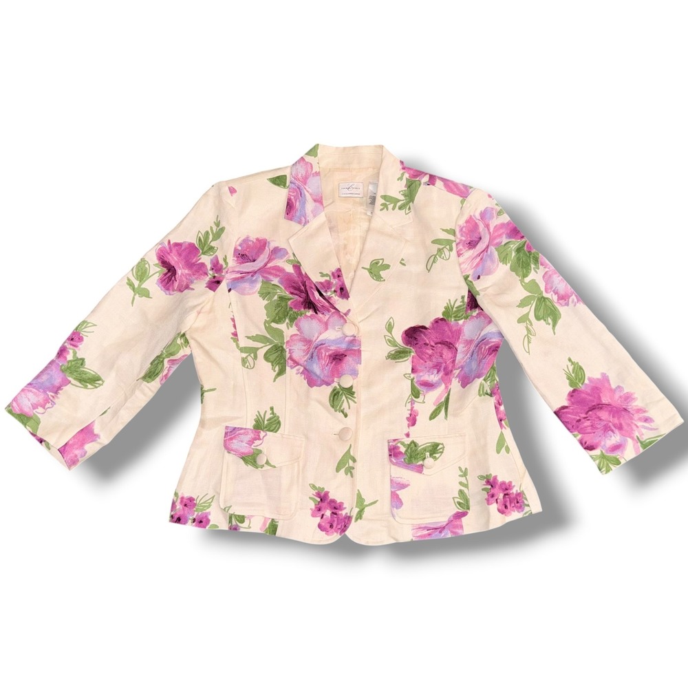 Emma James Blazer Women 14 Cream Purple Floral Linen Blend 3/4 Sleeve Jacket